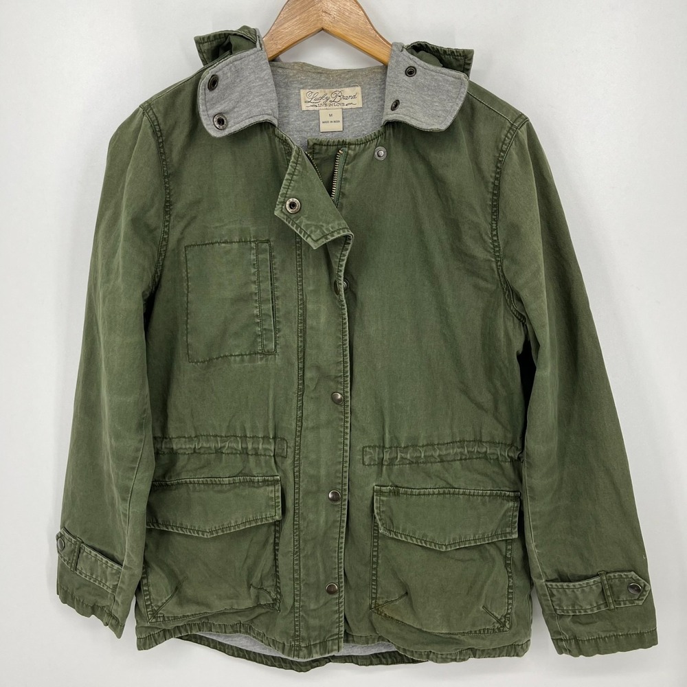 Lucky Brand Jacket Women's Size M Olive‎ Green Full Zip Canvas Hooded Military